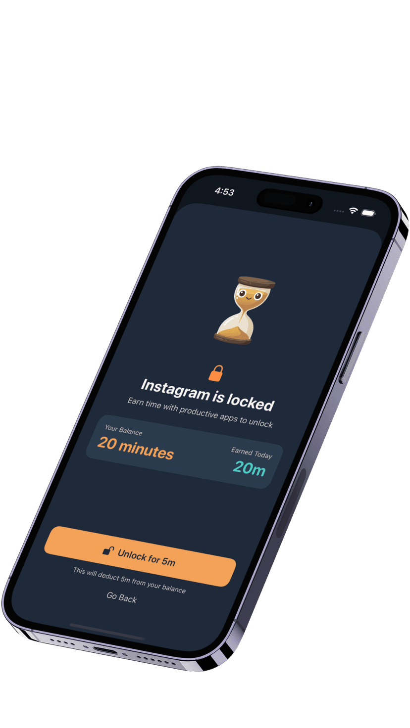 Clepsy blocking Instagram — showing earned time balance